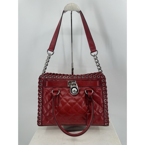 Michael Kors Hamilton Whipstitch Grommet Diamond Quilted Tote Shoulder Bag Red - Picture 1 of 16